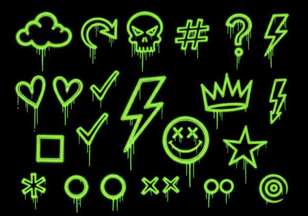A vibrant collection of neon green graffiti-style icons, including a skull, heart, and lightning bolt, isolated on a white background.の素材