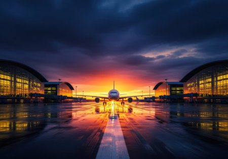 An airplane is centered on the tarmac between airport buildings, illuminated by a dramatic sunset with reflections on the wet ground, isolated on white background.の素材