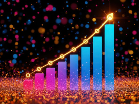 A colorful bar chart shows a strong upward trend, illuminated by a glowing line and surrounded by celebratory confetti and bokeh lights.の素材