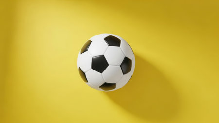This image features a soccer ball prominently displayed against a bright yellow background. The ball is positioned centrally, with its classic black and white pentagonal pattern clearly visible. The simplicity of the background accentuates the details and texture of the soccer ball, making it the focal point of the image.の素材