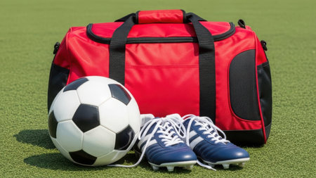 A vibrant red duffel bag is placed on a lush green soccer field, accompanied by a classic black and white soccer ball and a pair of blue soccer cleats. The bag appears to be filled with essential gear for a match, suggesting preparation for a game or practice session. The setting implies an outdoor sports environment, emphasizing the importance of proper equipment in soccer.の素材