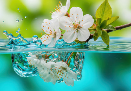White cherry blossoms are partially submerged in clear blue water, creating a beautiful splash and reflection. Lush green foliage is visible in the background.の素材
