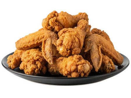 A close-up image of a pile of crispy fried chicken wings arranged on a black plate. The wings have a golden-brown, crunchy exterior and are stacked in a casual, appetizing manner. The background is plain white, which highlights the rich color and texture of the chicken wings.の素材
