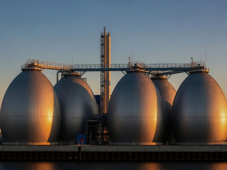 The image depicts a series of large, cylindrical storage tanks situated in an industrial setting. These tanks are positioned in a row and are connected by a network of pipes and support structures. The scene is set against a backdrop of a clear sky during sunset, casting a warm golden light on the tanks. The industrial facility appears to be located near a body of water, enhancing the serene yet industrial ambiance of the image.の素材