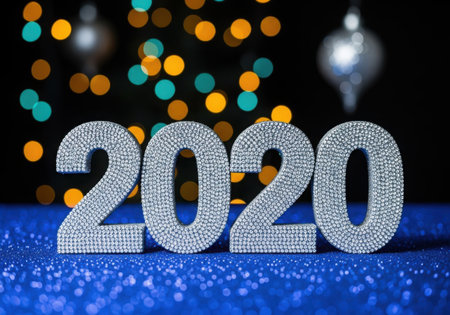Large, glitter-covered numbers spelling out 2020 sit on a sparkling blue surface. Out-of-focus colorful lights create a festive bokeh background.の素材