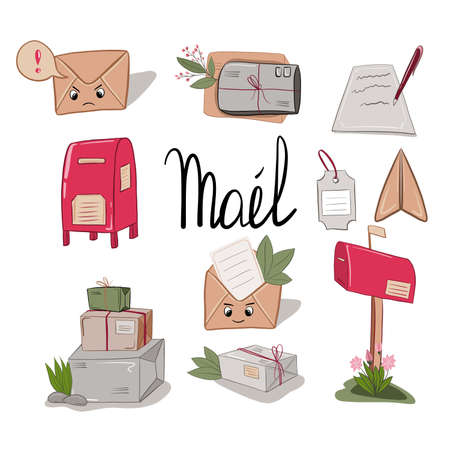 Mail delivery service cartoon set. Letter and mailbox, package and parcel, plane.のイラスト素材