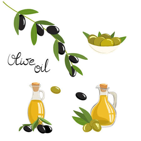 Vector illustration of olive symbols. Bottle of olive oil for cooking, olives in a bowl isolated on a white backgroundの写真素材