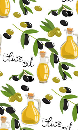 Vector illustration of olive symbols. Bottle of olive oil for cooking, olives in a bowl isolated on a white backgroundの写真素材