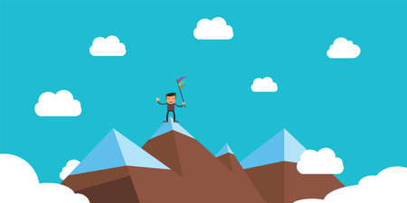 Businessman with flag on top of mountain to show his successful lifeのイラスト素材