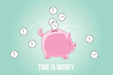 Time is money with a clock insert to piggy bankのイラスト素材