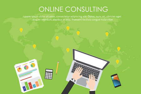 online consulting business with laptop, gps location graph document calculator and smartphone illustratedのイラスト素材