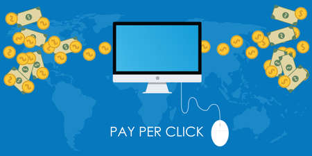 pay per click world map pc dekstop and money coinのイラスト素材