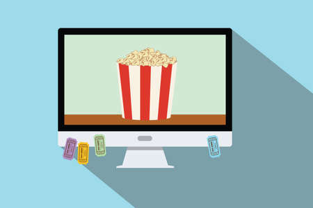 watching online movie computer ticket popcorn flatのイラスト素材