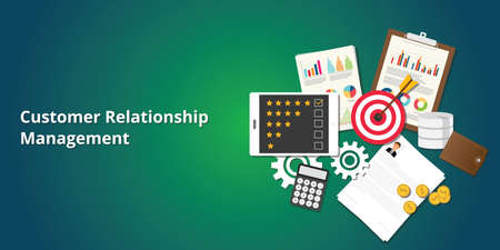 crm customer relationship management with goals, rating,  clipboard, graph and chartのイラスト素材