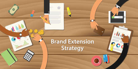 brand extension strategy illustration with team work together on top of the table with money paper document graph chart and gold coinのイラスト素材