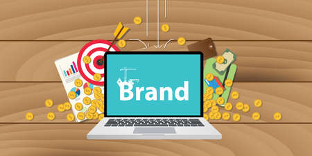 brand development or building with money goals or gold coin and target valuation written on screen of laptopのイラスト素材