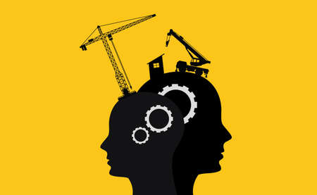 brain intelligence development concept with sillhouette two human head and construction toolsのイラスト素材