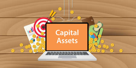 capital assets illustration written on text laptop with paper document gold coin graph and chart with wooden backgroundのイラスト素材