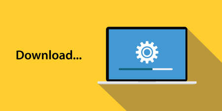 download concept with laptop notebook gear icon and long shadow yellow background vectorのイラスト素材
