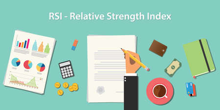 RSI relative strength index business concept illustration terms with business man hand writing working on graph chart money paper work vectorのイラスト素材