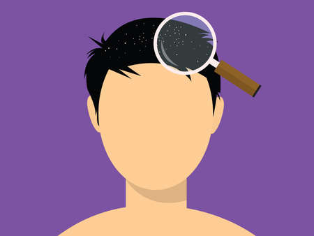 human male face white dot dandruff with magnifying glassのイラスト素材