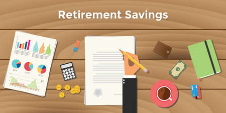 retirement saving illustration business man signing a paper work document on top of wooden table with pencil with graph chart money calculatorのイラスト素材
