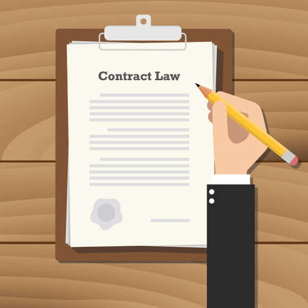 contract law illustration business man signing a paper work document on top of wooden table with pencilのイラスト素材