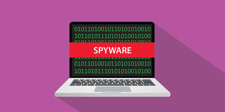 Spyware concept illustration with laptop computer and text banner on screen with flat style and long shadowのイラスト素材