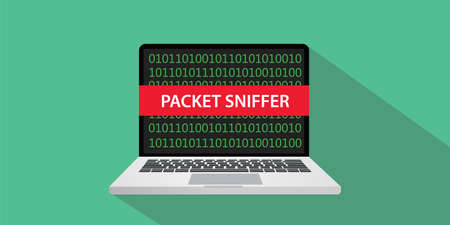 Packet sniffer concept illustration with laptop computer and text banner on screen with flat style and long shadowのイラスト素材