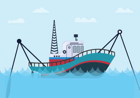 fishing boat on the sea with blue ocean and flat style vector graphic illustrationのイラスト素材