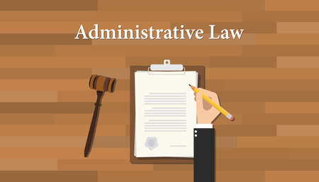 administrative law concept with hand writing paper document on clipboard and gavel vector graphic illustrationのイラスト素材