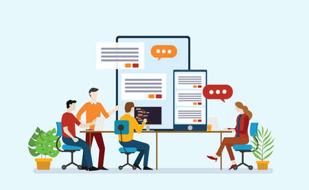 mobile apps application development with team of startup programmer working together in the office...