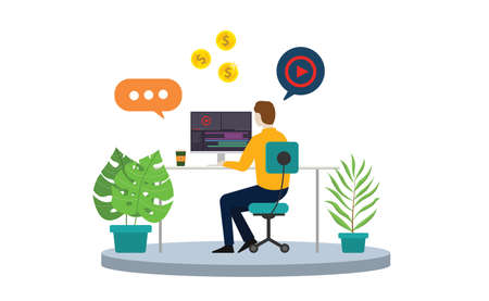 content creator or video editor freelancer with laptop and timeline video editing vector illustrationのイラスト素材