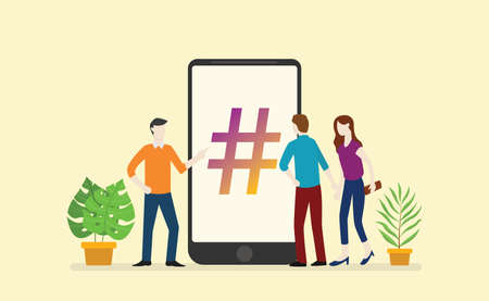 social media hashtag business with people men and woman circle in the smartphone app - vector...