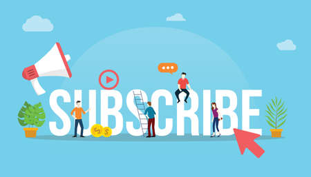 subscribe channel social media video concept with arrow click button and people working together as team - vectorのイラスト素材