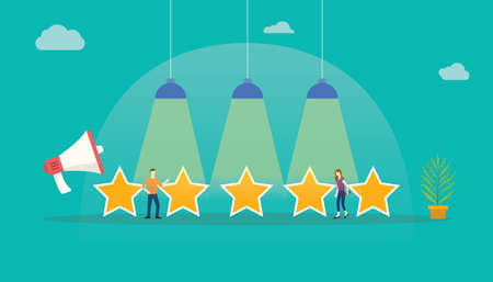 customer rating star feedback with team people standing with big stars - vector