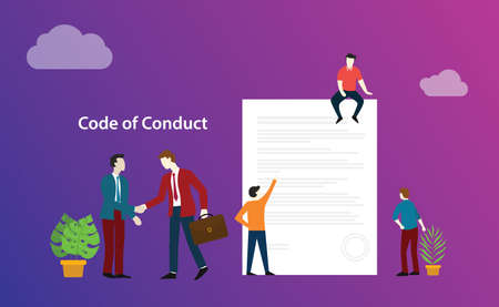 code of conduct business deal with people discuss together on paper document ethics - vector illustrationのイラスト素材