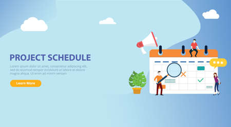 project schedule calendar timeline with people team work together on website design banner landing page ui template - vector illustrationのイラスト素材