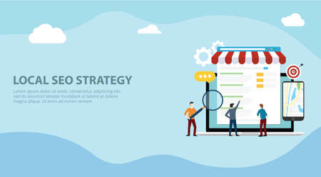 local seo market strategy business search engine optimization website design landing page ui with team people working together on front of store and maps online - vector illustrationのイラスト素材