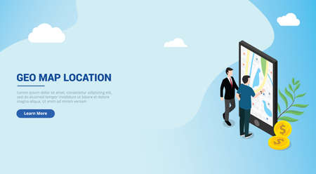 website design landing page ui for a man people access wireless geo geographic maps location on smartphone apps mobile navigation with isometric style - vector illustrationのイラスト素材