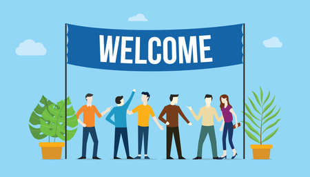 welcome sign board welcomes concept with business team people with big banner on top with green tree plants - vector illustrationのイラスト素材