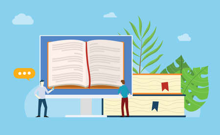 online books reading with open book on the monitor screen with stack and people team read together with blue background - vector illustrationのイラスト素材