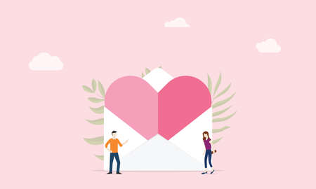 love letter with big heat pink and envelope with people couple - vector illustrationのイラスト素材