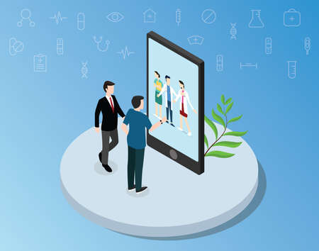 online doctor medical consultation for healthcare with isometric style - vector illustrationのイラスト素材