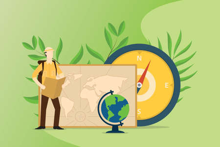 people explore and adventure the world with maps compass and worlds map - vector illustrationのイラスト素材