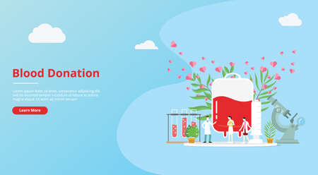 blood donation concept for website template banner with people and bloods bag with love sign - vectorのイラスト素材