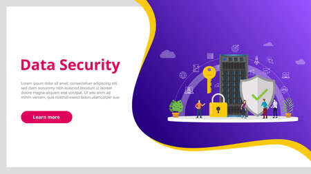 data security concept with people and server and secure icon database for website template banner design - vectorのイラスト素材