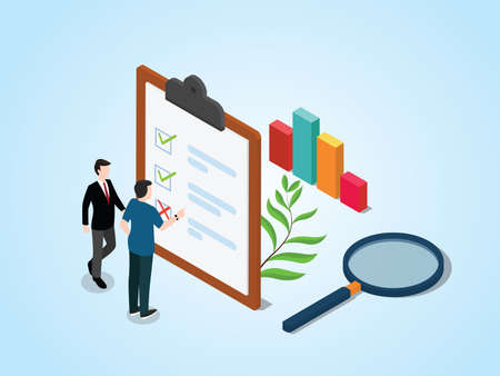 isometric survey concept with people and checklist surveys on paper clipboard with laptop - vectorのイラスト素材