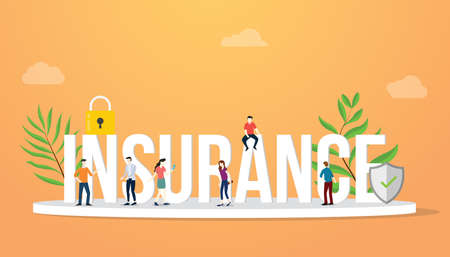 insurance business concept big text with people team work working with modern yellow color - vector illustrationのイラスト素材