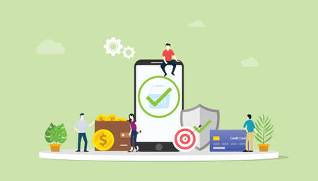 online business secure payment transactions concept with team people and safe icon - vector...